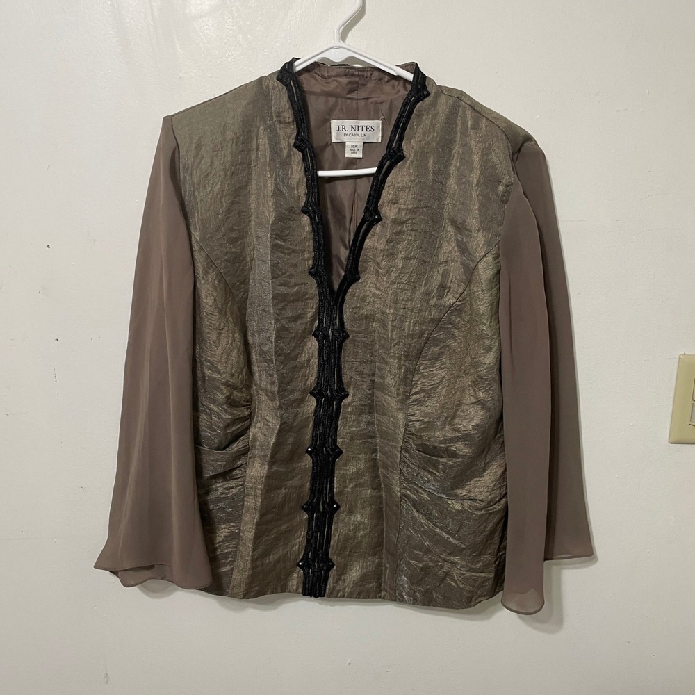 JR Nites Carol Lin Metallic Bronze Evening Jacket Sheer Bell Sleeve Soutache 16W